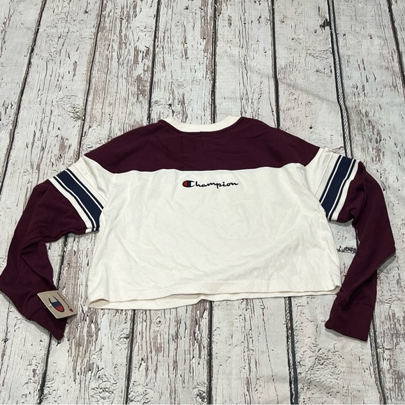 Women's Champion Logo Multi Color Crop Top Long Sleeve Crewneck Shirt Sweatshirt - Picture 8 of 9